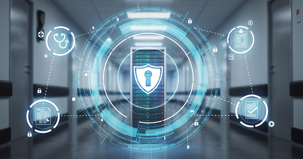 Server rack in a hospital hallway, surrounded by digital security and healthcare icons.