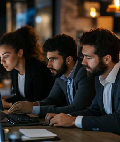 Three professionals in suits working on laptops at a desk, looking focused in a dimly lit office. Three professionals in suits working on laptops at a desk, looking focused in a dimly lit office.