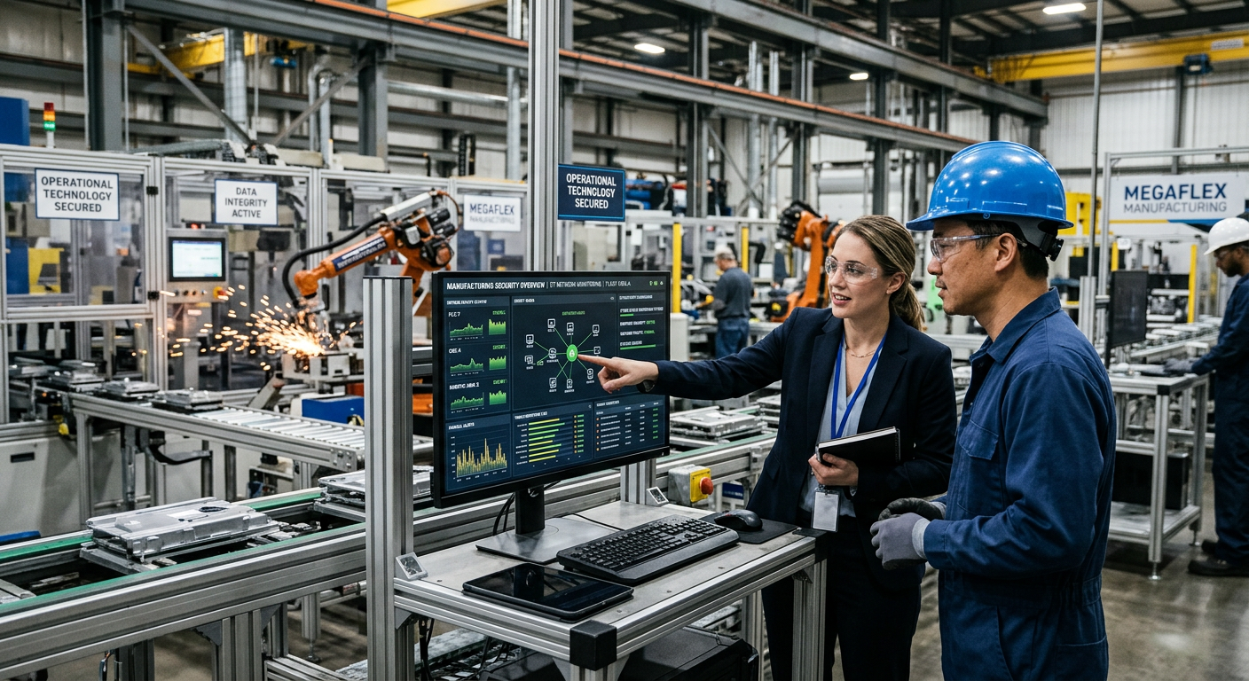 A professional and a worker in a factory setting discuss data on a computer screen placed near an assembly line.