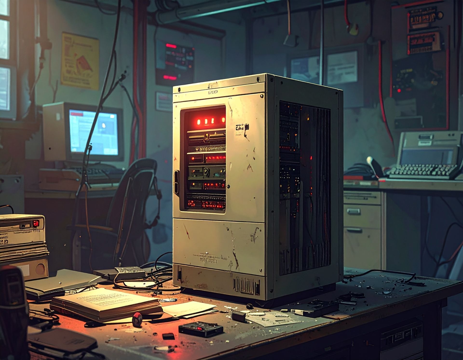 A vintage computer server glows red in a cluttered, dimly lit tech lab.