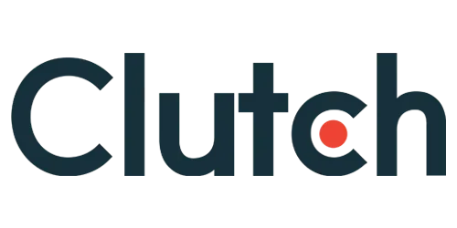 Clutch logo, dark blue word with a small red dot replacing the 