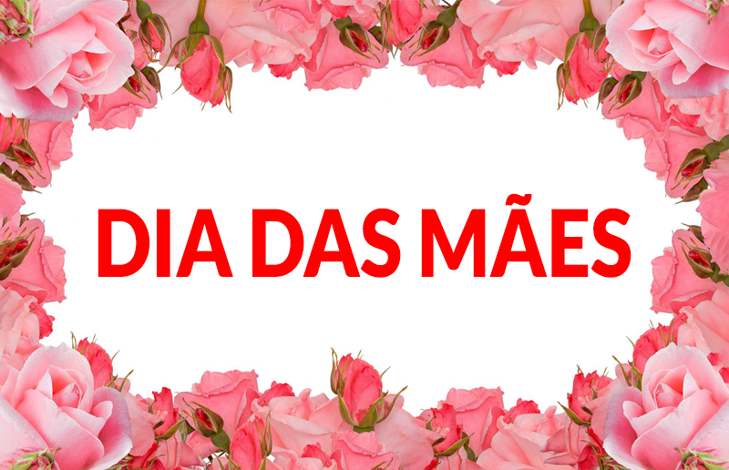 A palavra dia das mães está rodeada de rosas cor de rosa