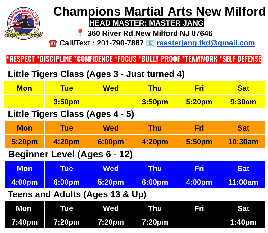 A schedule for champions martial arts new milford