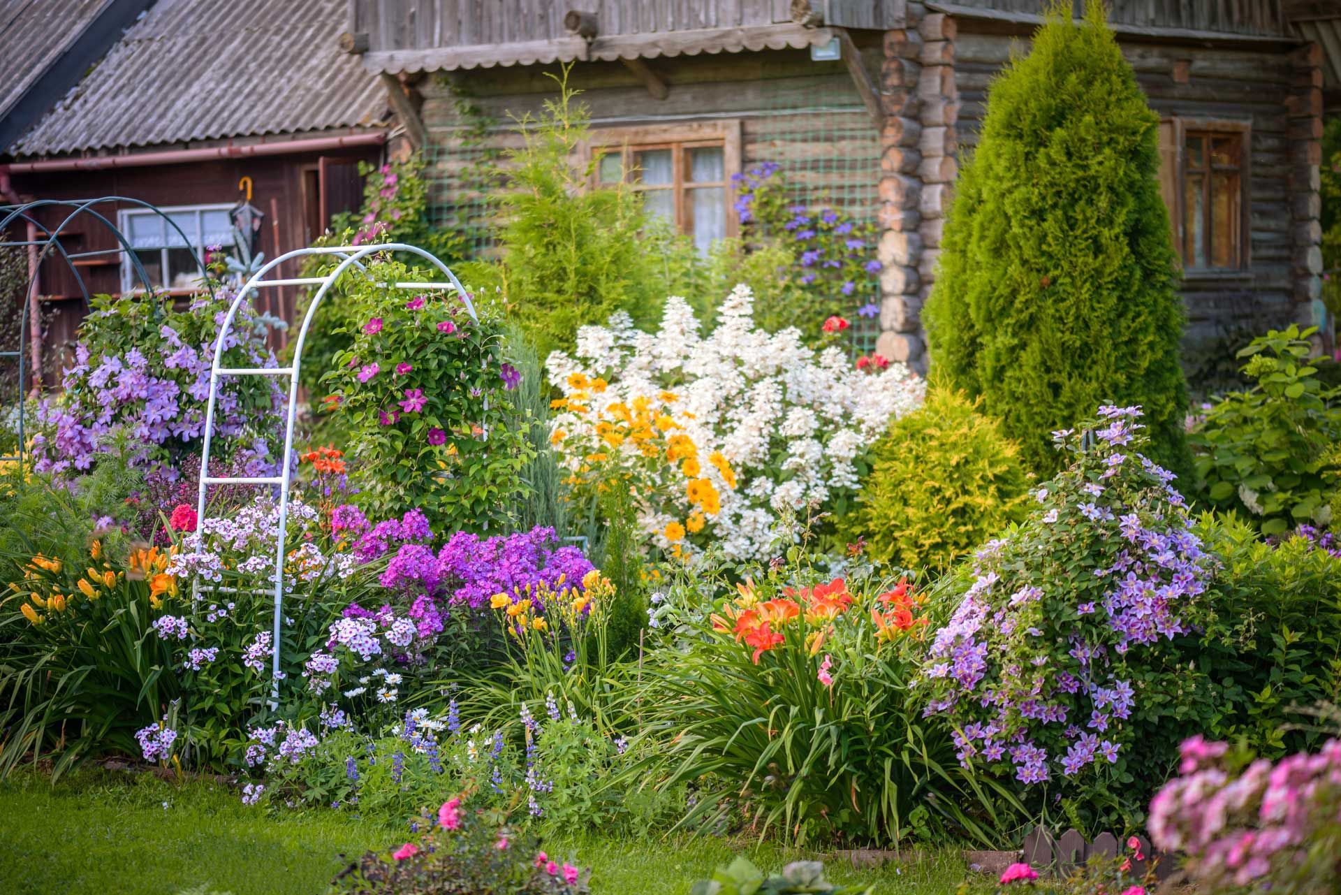 Colorful flower garden in front of a rustic wooden house, with a white arch and green grass.