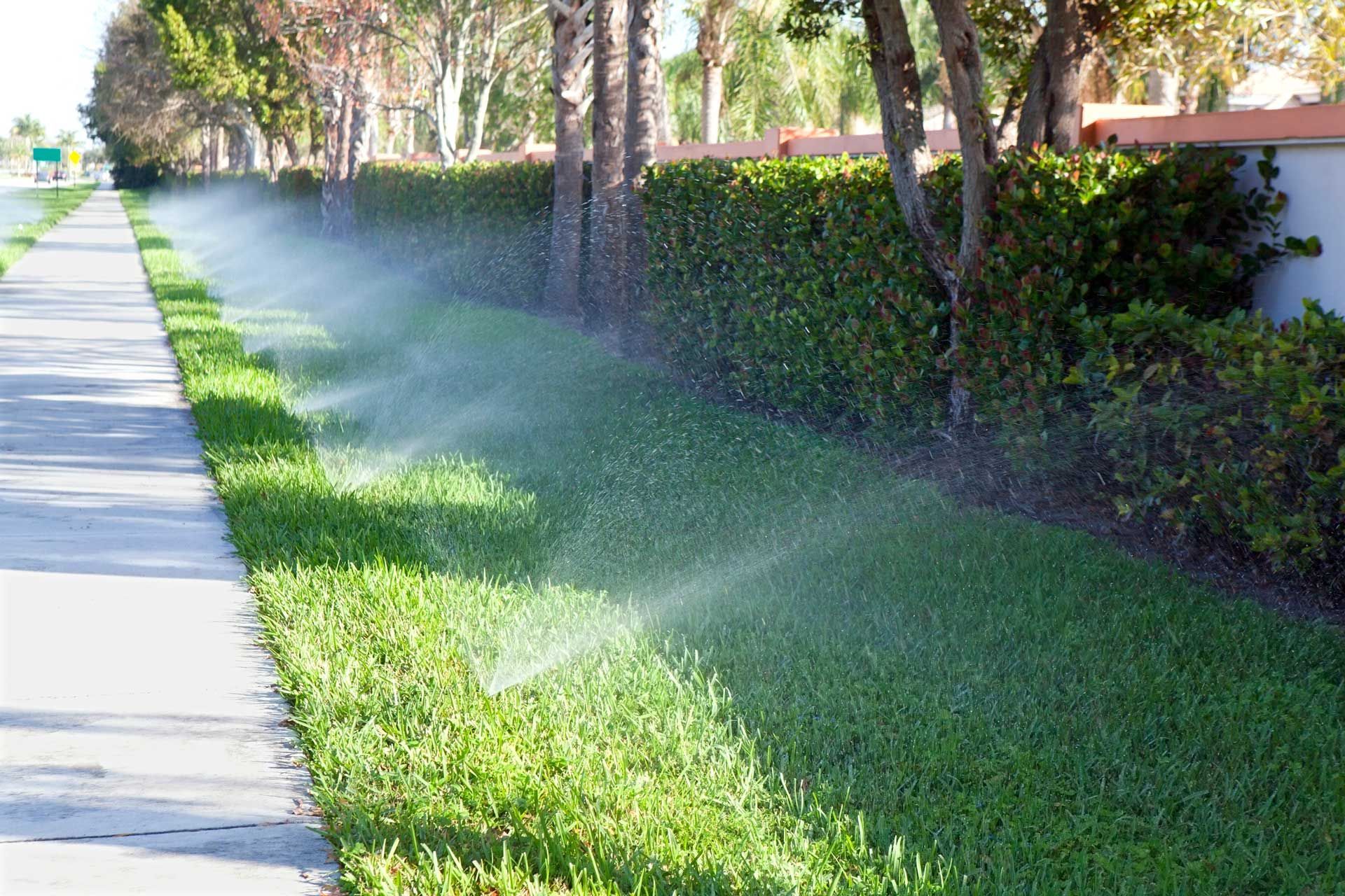 Sprinklers watering a green lawn bordering a sidewalk and a hedge on a sunny day.