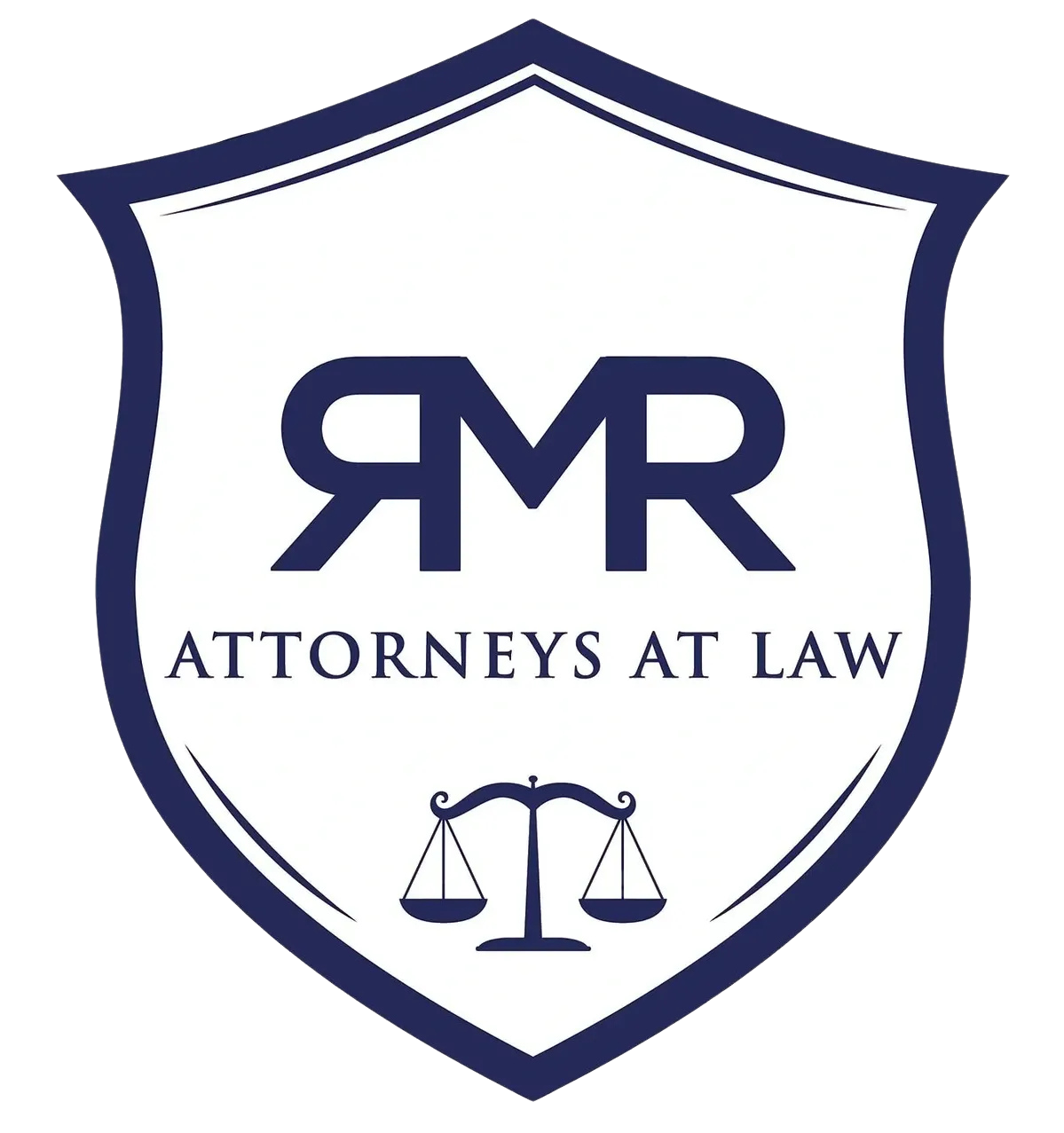 A logo for attorneys at law with a shield and scales of justice.