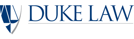 The logo for duke law is blue and white and has a sailboat on it.