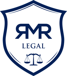 The logo for amr legal is a shield with a scale of justice on it.