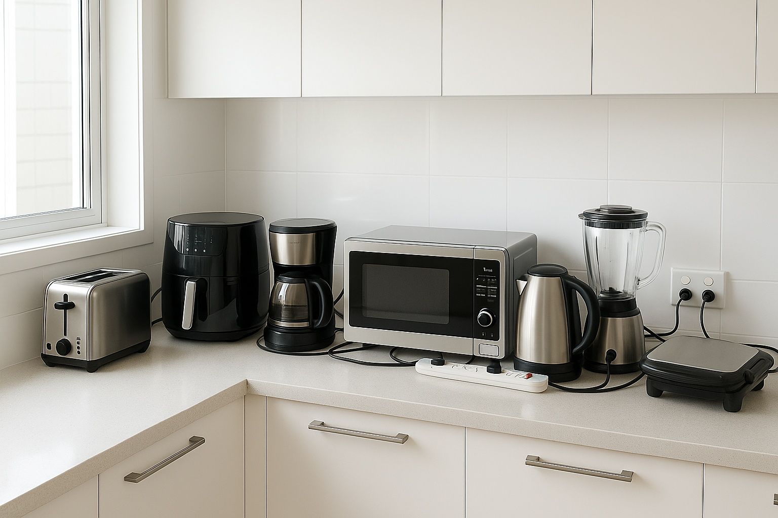 Kitchen countertop with appliances: toaster, air fryer, coffee maker, microwave, kettle, and griddle.