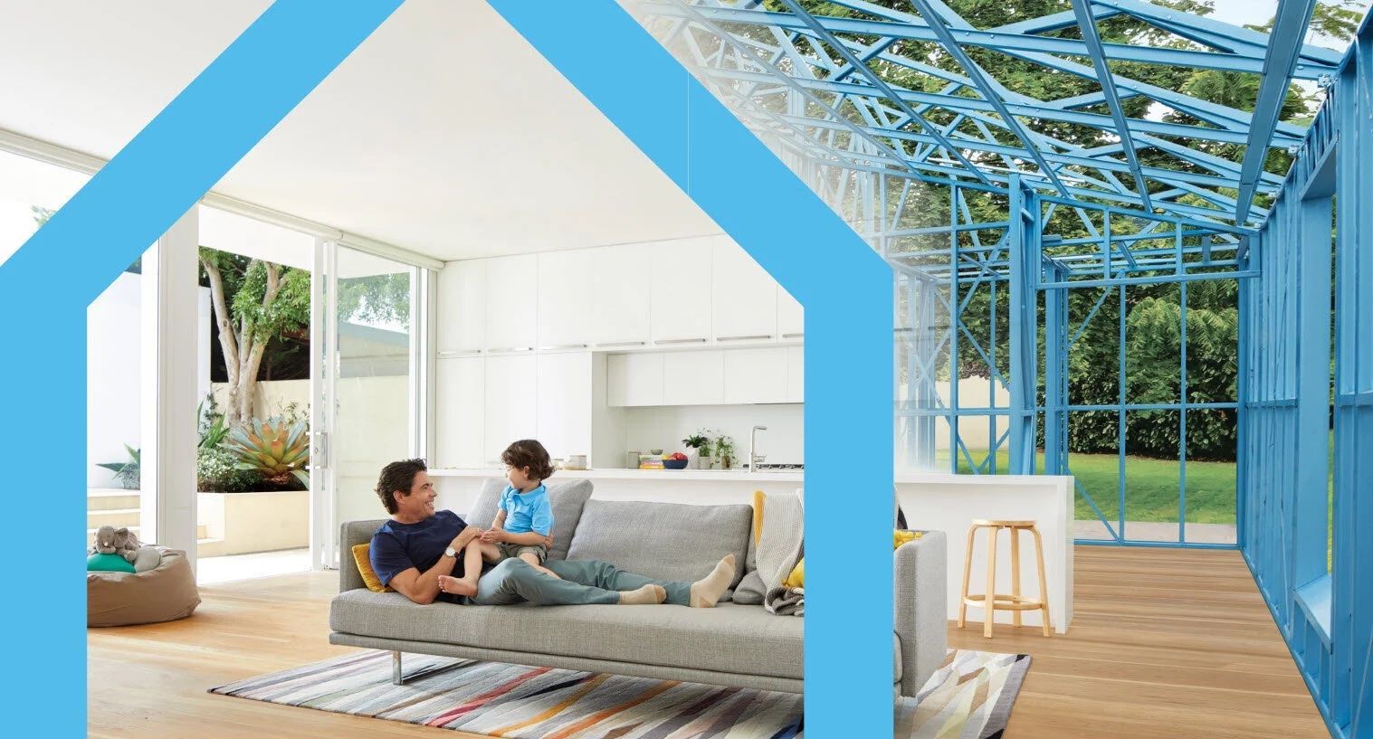 Blue house frame overlaying a finished home interior and a steel frame construction.TRUECORE® Steel