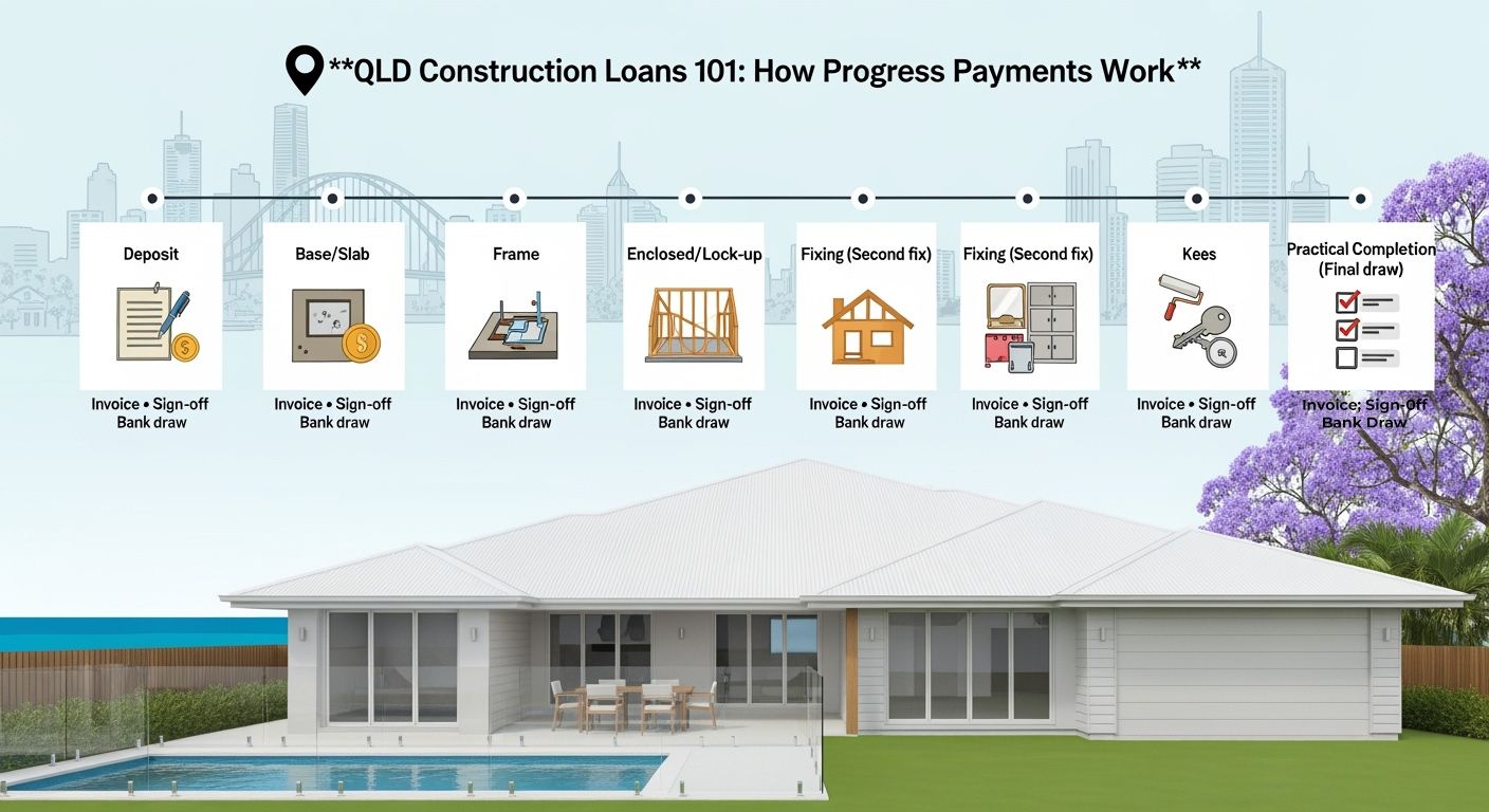 Construction loan progress payments: Phases from contract to handover. House exterior with stages above.