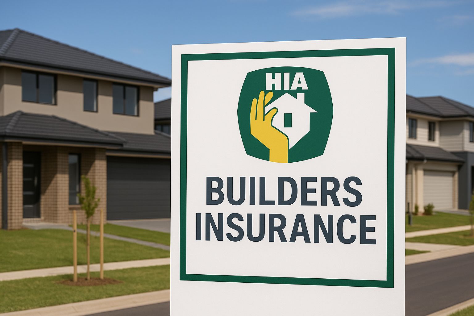 Sign promoting HIA Builders Insurance in front of a row of modern houses. The sign is white with green and yellow text and logo.