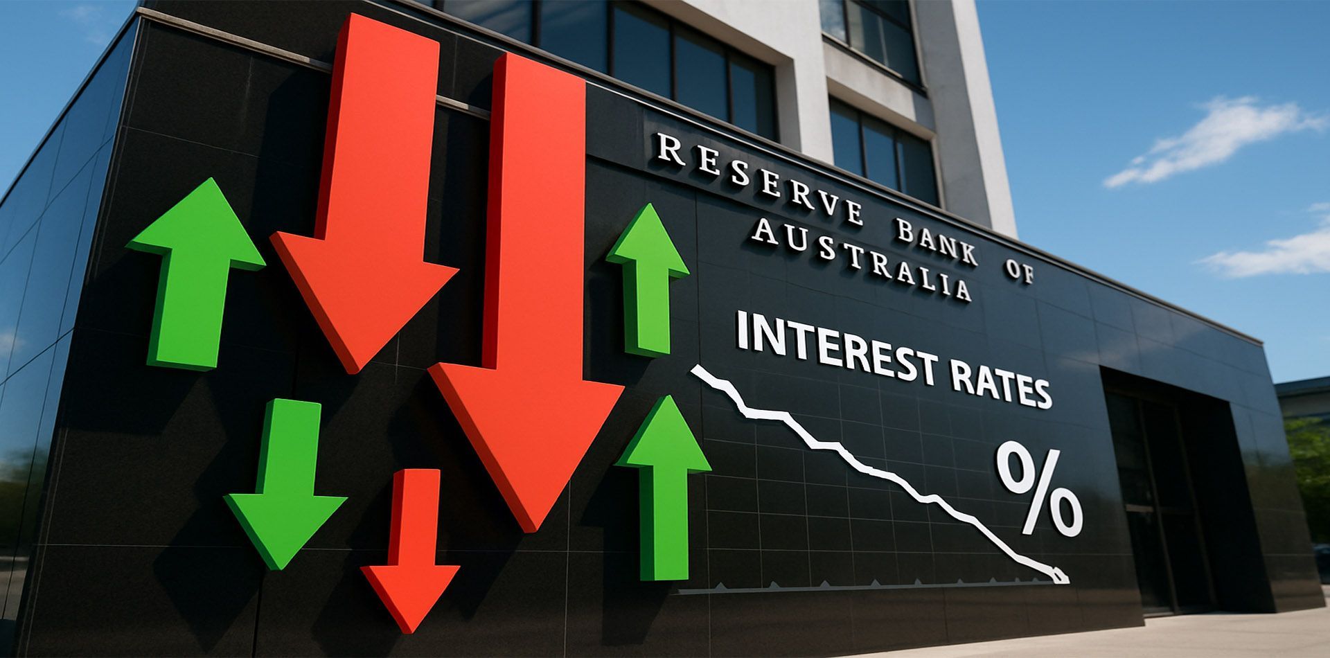 Exterior of the Reserve Bank of Australia building with interest rate graphic. Red down arrows, green up arrows.