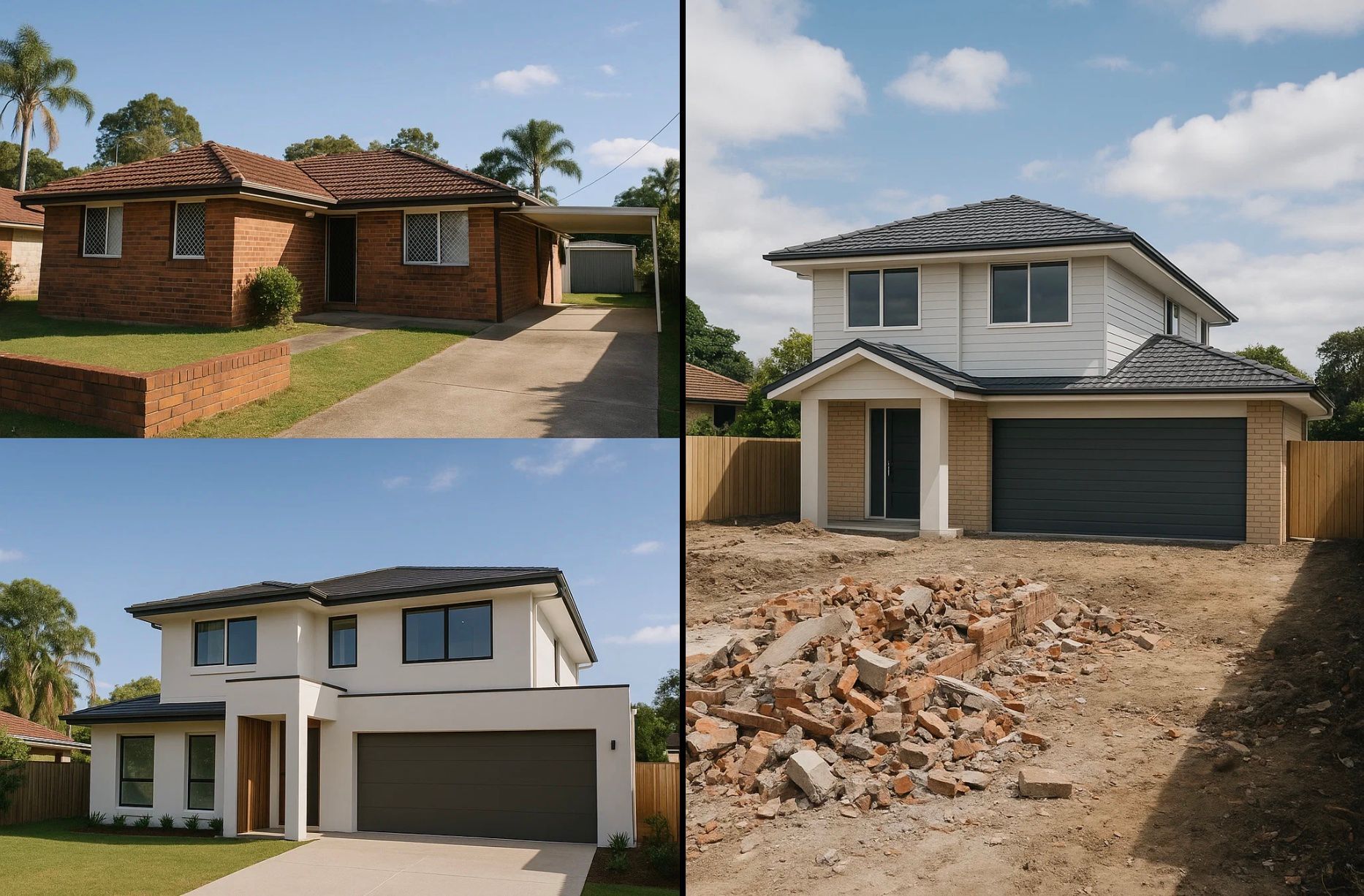 Four images show a house being renovated: an old brick house, a demolition site, and two new houses.