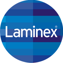 Laminex logo in a blue and white circular design. The background is a grid of varying blue shades.