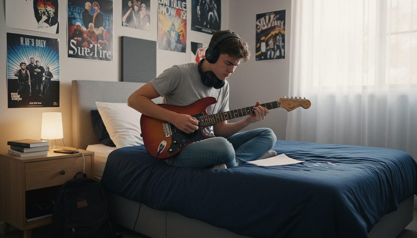 Teenager plays electric guitar on bed in bedroom, posters on wall.