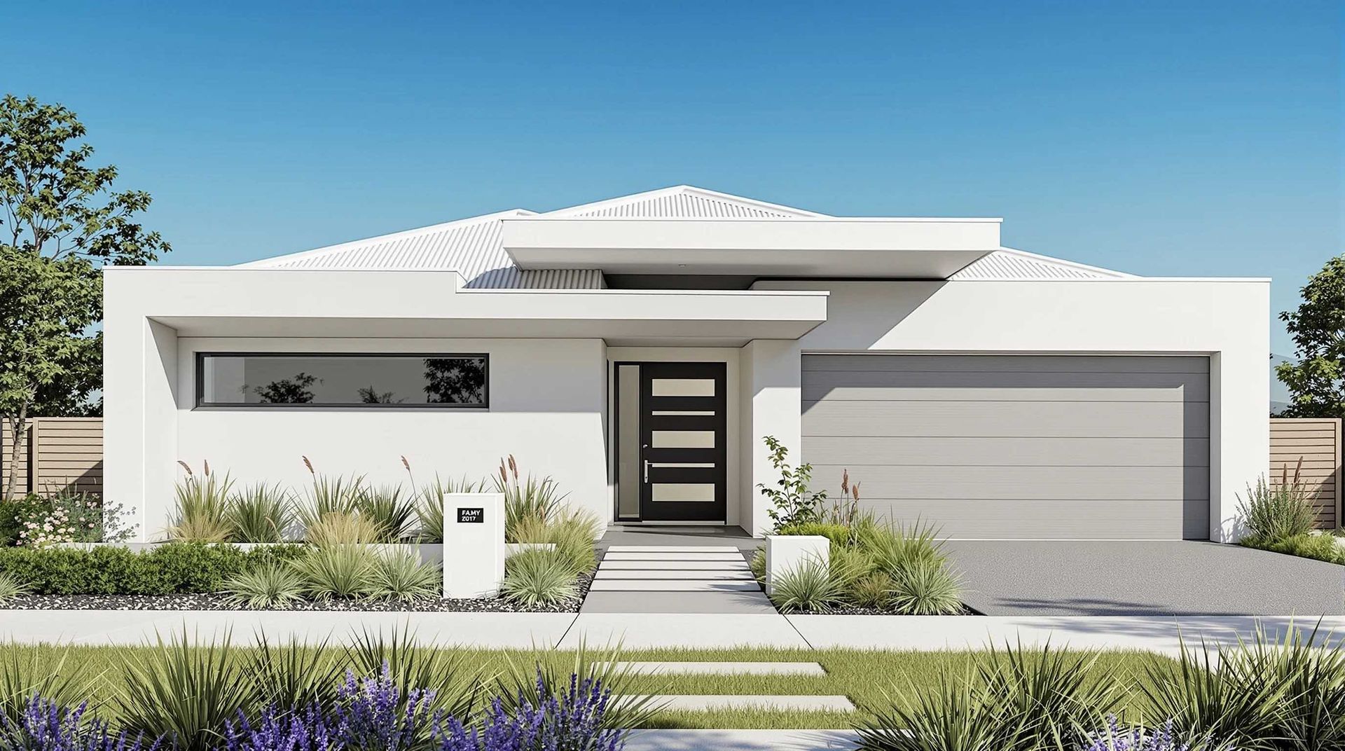 House with solar panels on the roof, brick facade, garage, and driveway under a sunny blue sky.