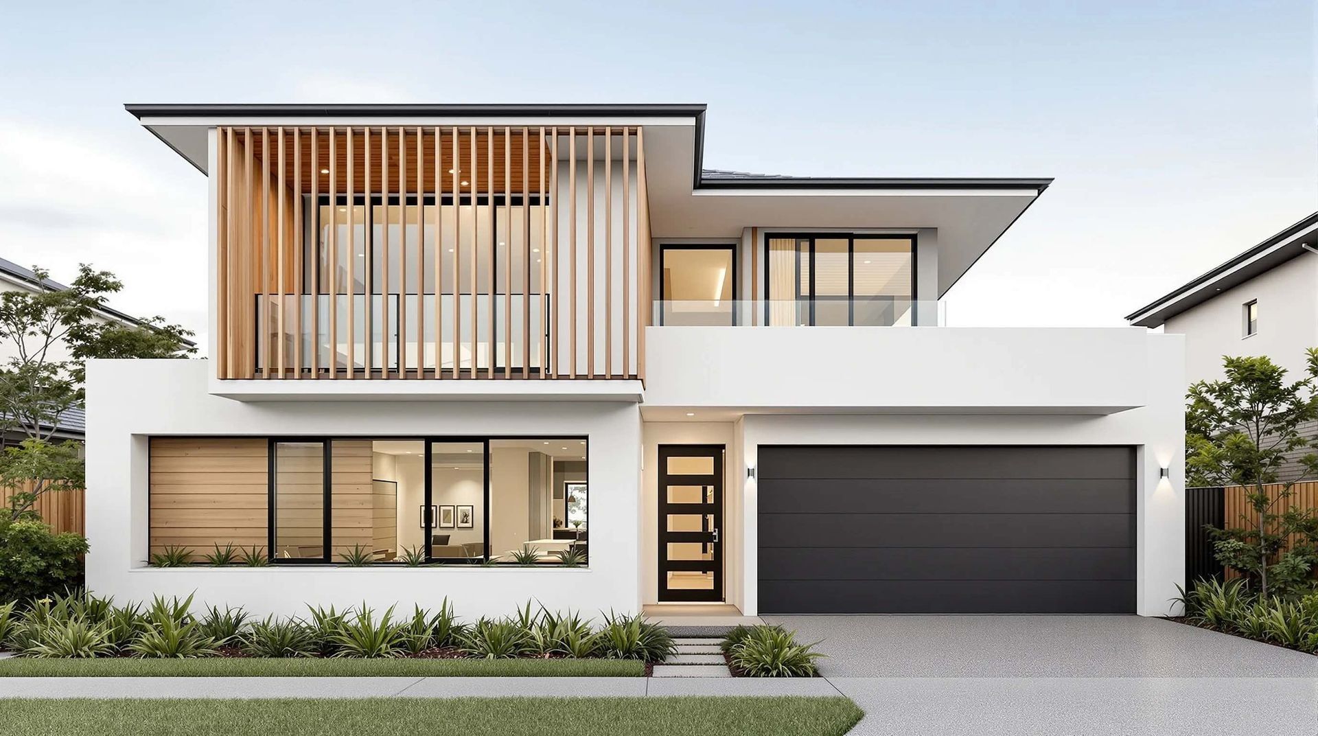 Modern two-story house with white exterior, black garage door, and wooden accents.
