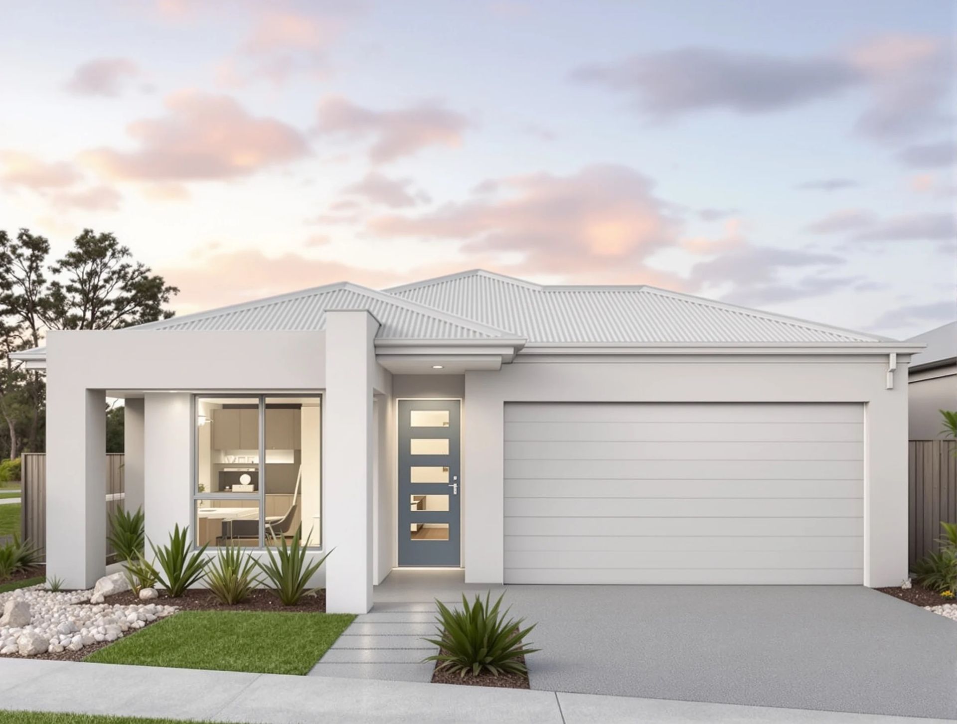 Modern two-story house with white exterior, black garage door, and wooden accents.