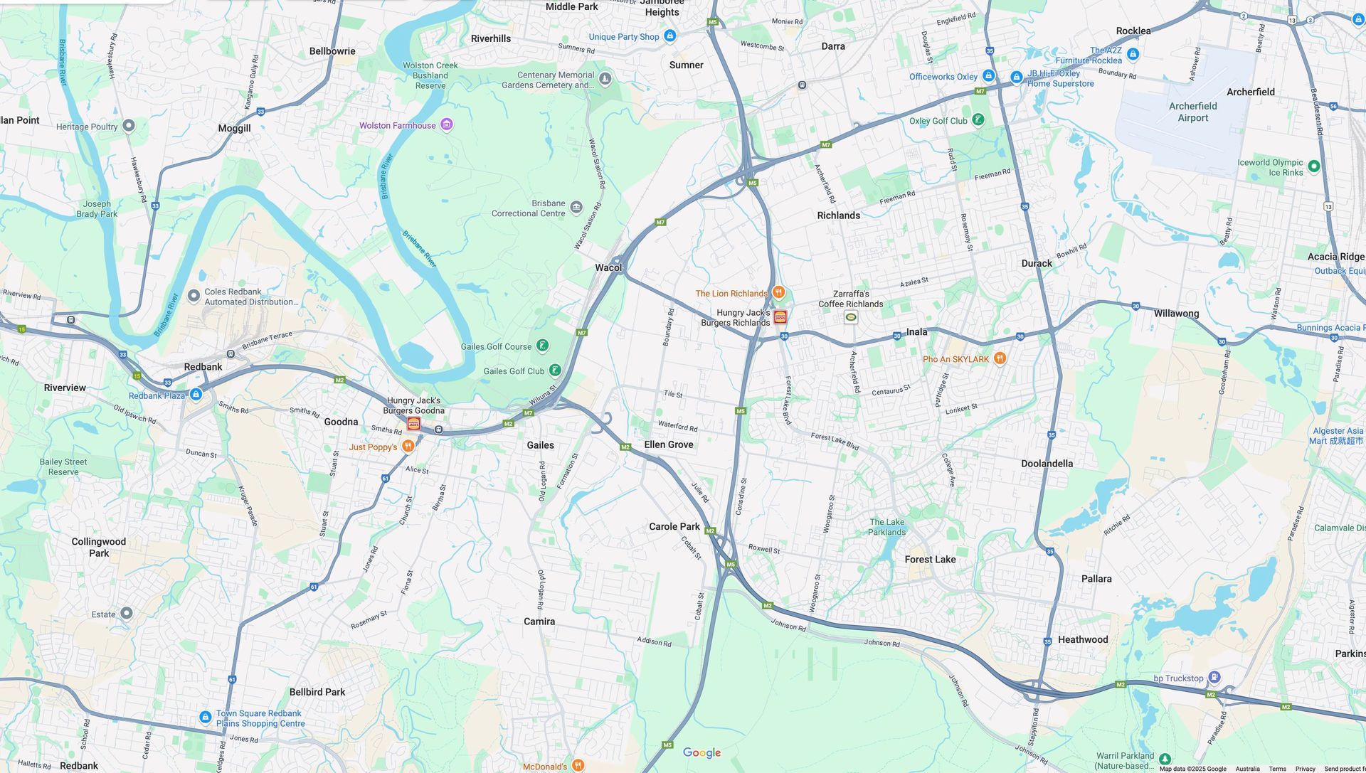 Map of a suburban area with roads, rivers, and labels of towns like Brisbane Home Builder for Sumner 4074, Darra 4076, Wacol 4076, Doolandella 4077