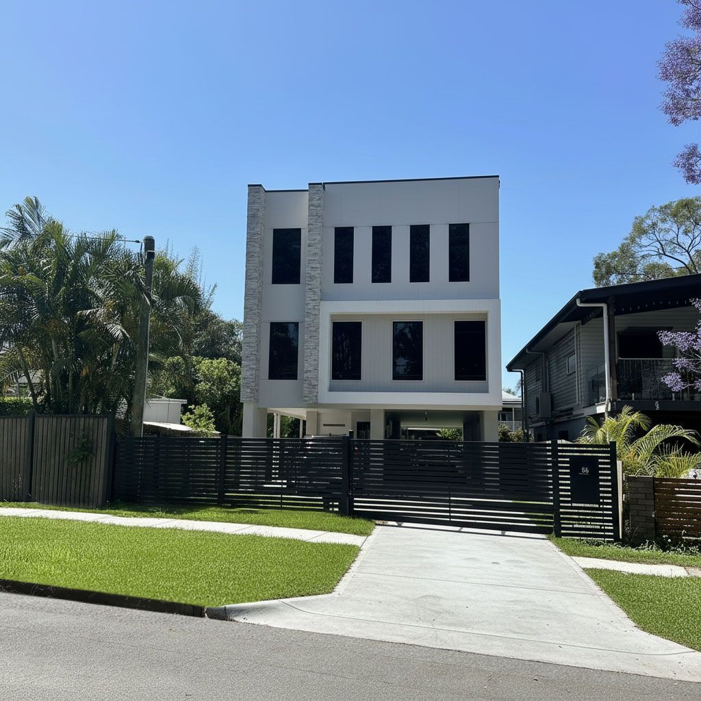 Modern two-story house with tan facade, wooden garage door, and a small balcony, set in a suburban neighborhood.
