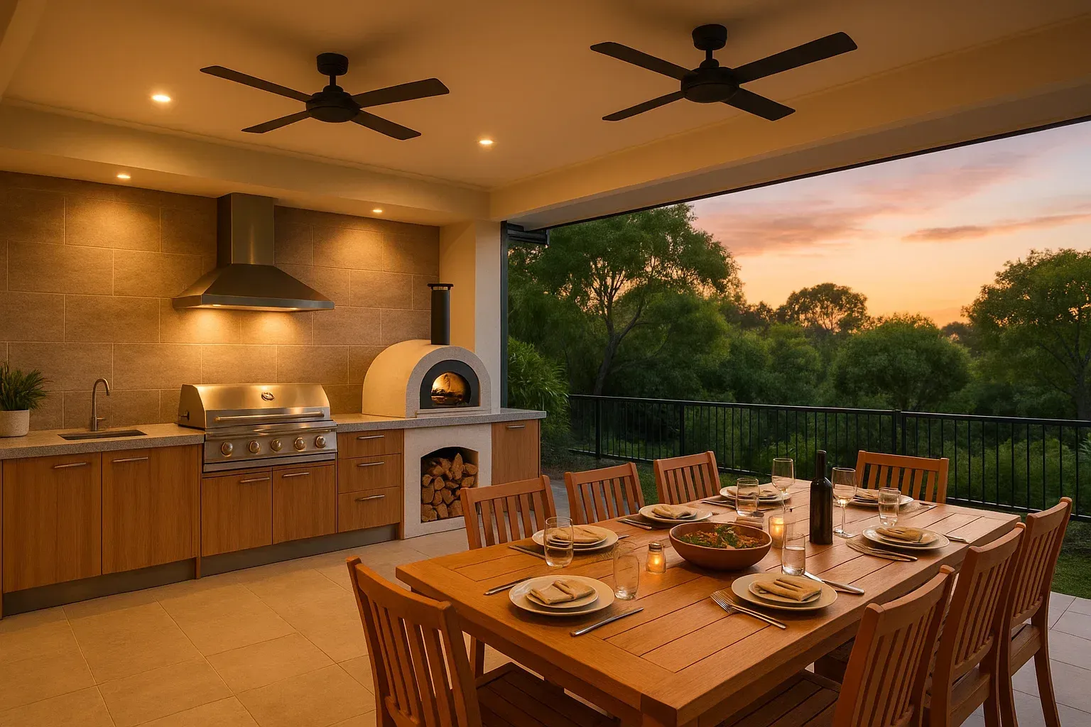 Outdoor kitchen with a wood-fired oven, dining table, and a sunset view.
