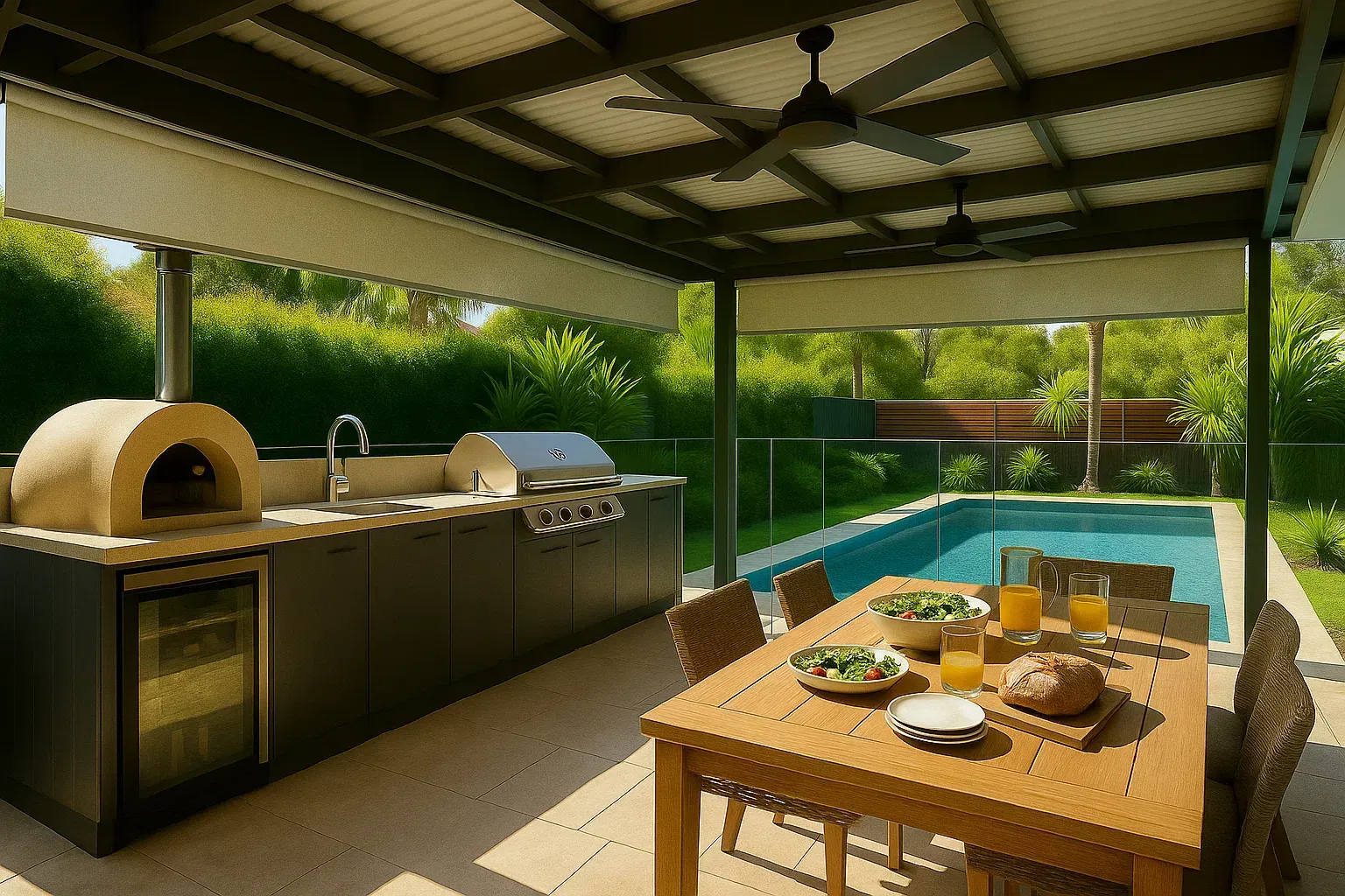 Outdoor kitchen with pizza oven, grill, and dining table near a pool.