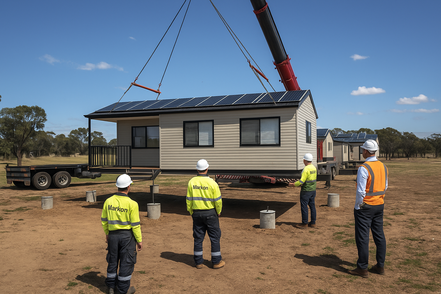 A crane lifts a prefabricated house with solar panels on its roof. Workers in safety vests and helmets supervise the installation in a field.