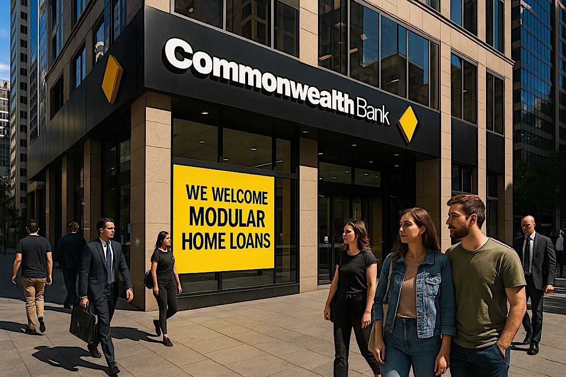 Commonwealth Bank branch with yellow sign: 