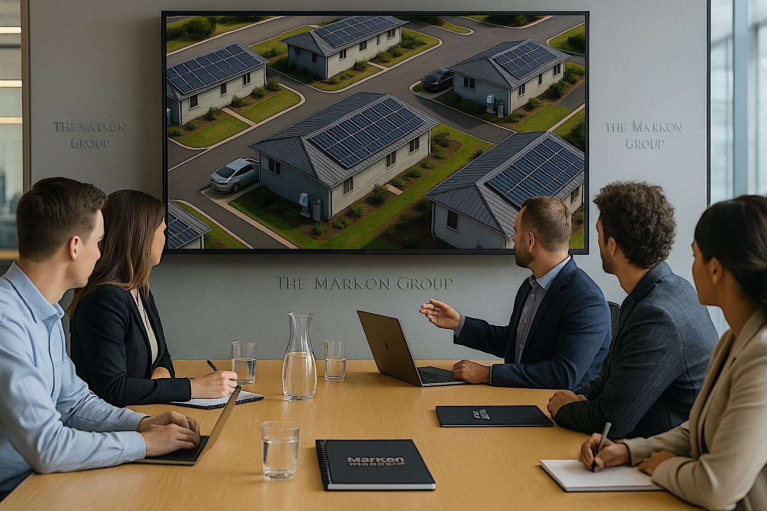 A business meeting: a man points at a screen displaying a residential development with solar panels, while colleagues look on.