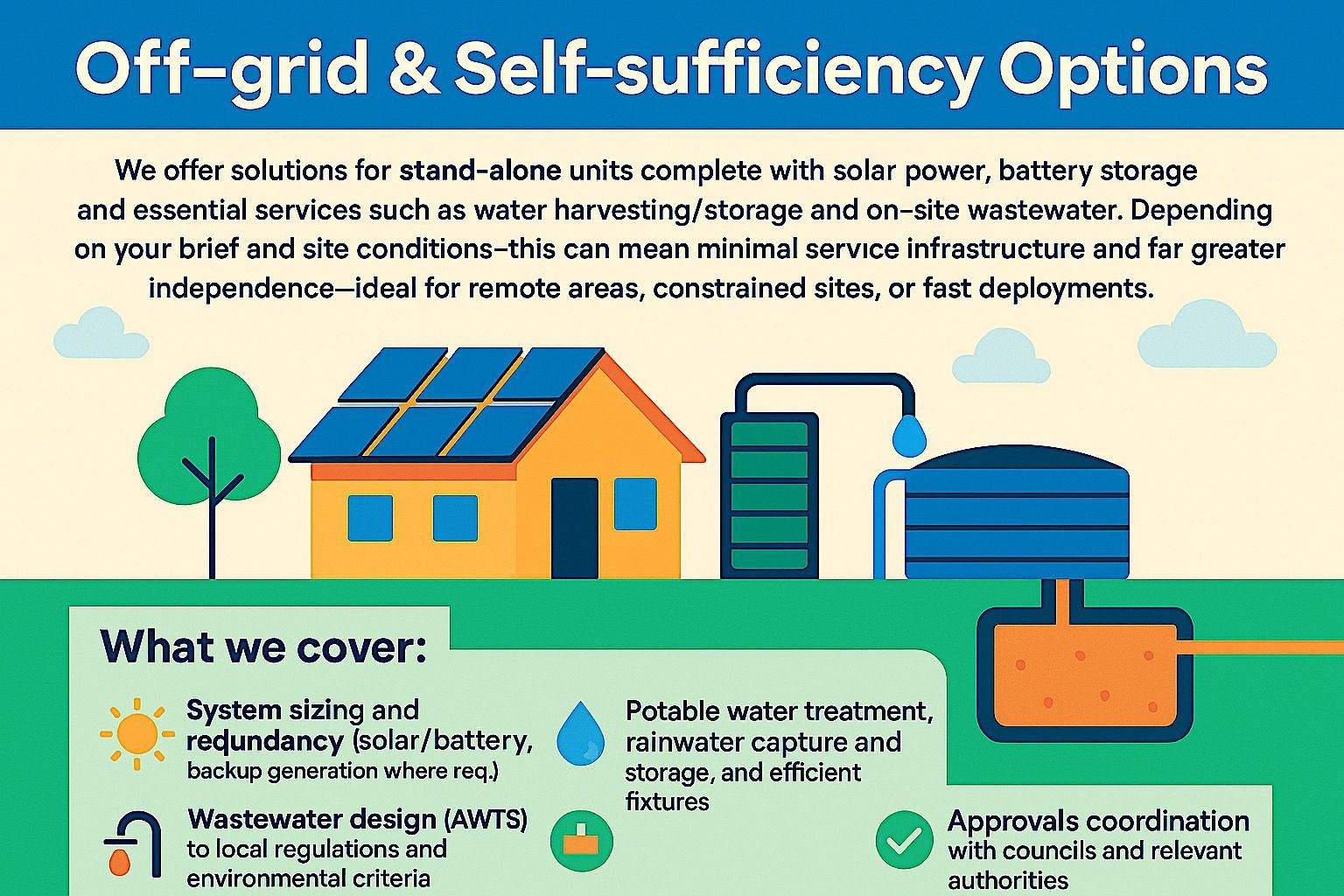 Infographic about off-grid and self-sufficiency options. It features a house with solar panels, water storage, and wastewater treatment, with text detailing services offered.