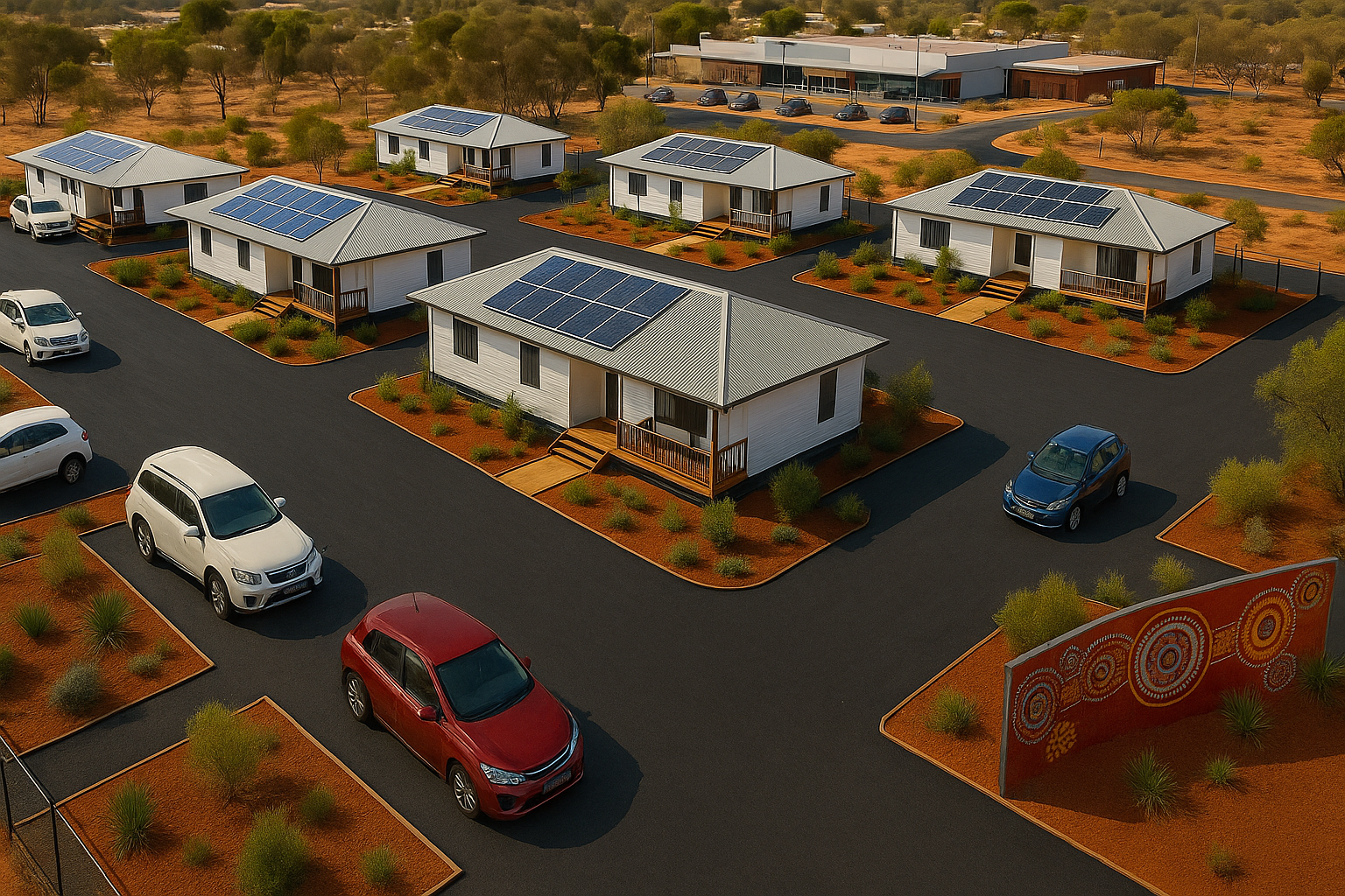 Aerial view of a residential community with solar panel roofs in a desert-like environment. Several cars are parked on the street.