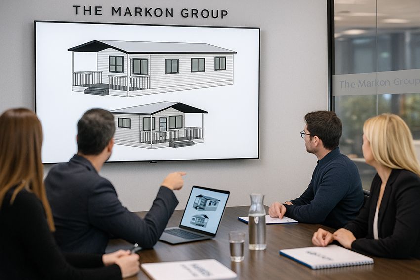 Business meeting at a table with four people reviewing architectural drawings of houses displayed on a screen.
