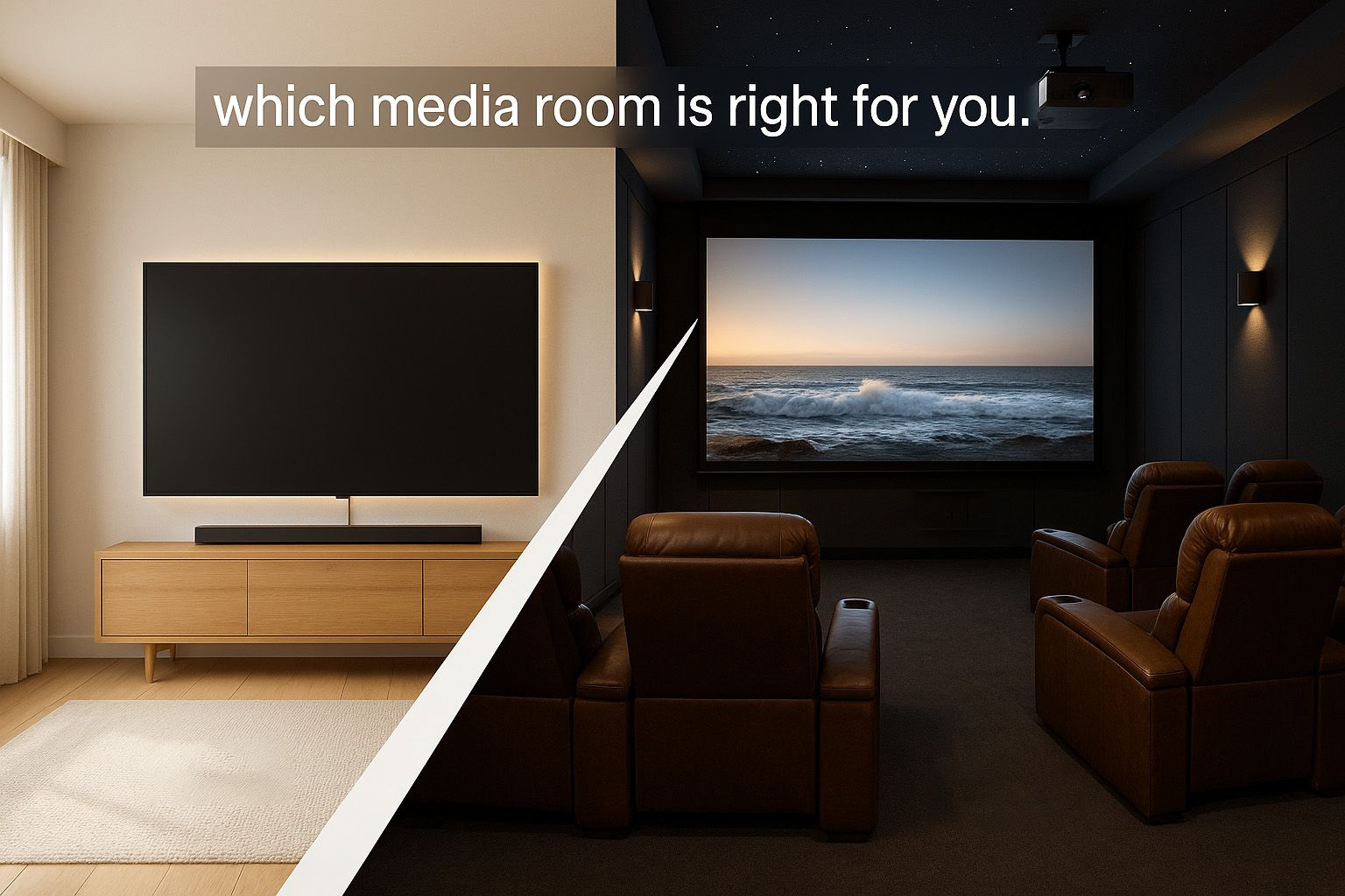 Comparison of two media rooms: bright living room with TV vs. dark theater with projector.