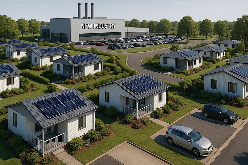 Houses with solar panels in a green area, with a factory in the background. Cars are parked nearby.