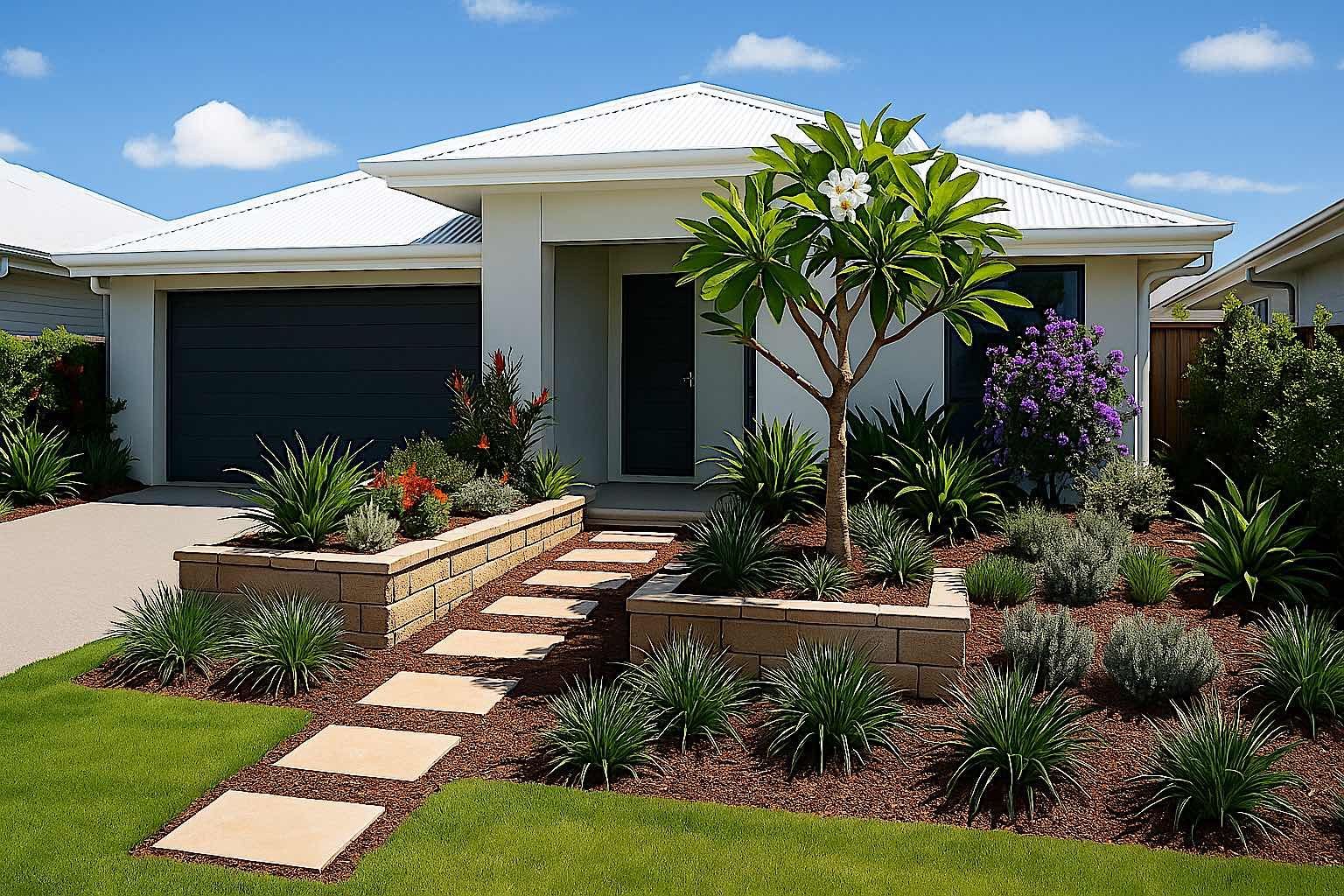 Modern house with landscaped front yard, featuring a stone path and flower beds.