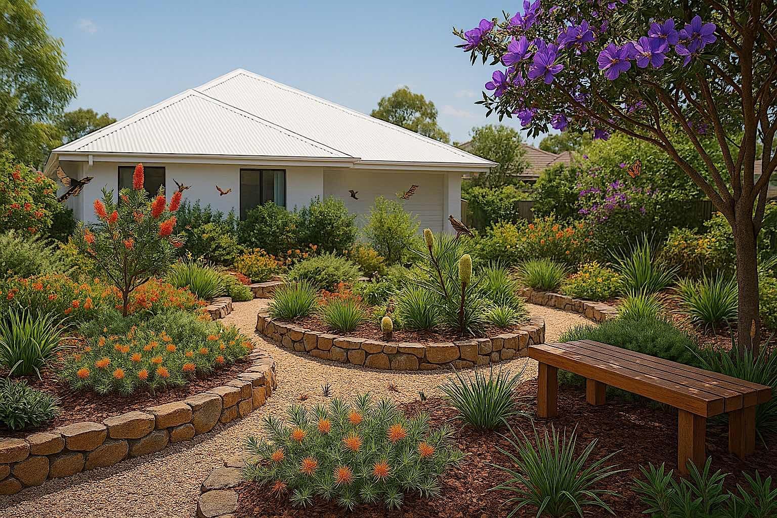 A white house with a garden path, stone-walled flowerbeds, and a bench under a flowering tree.