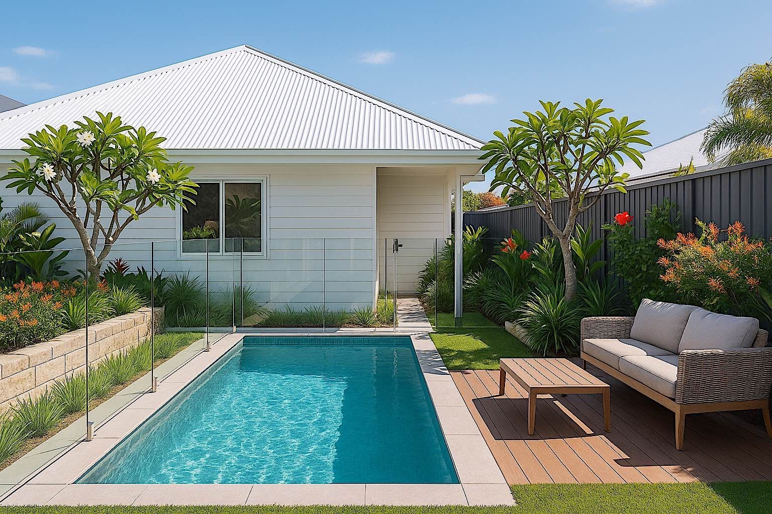 Backyard with small pool, white house, seating area, lush greenery, and blue sky.