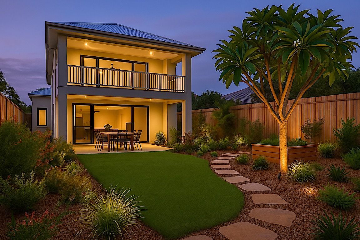 Two-story house with a backyard patio and garden, lit up at dusk.