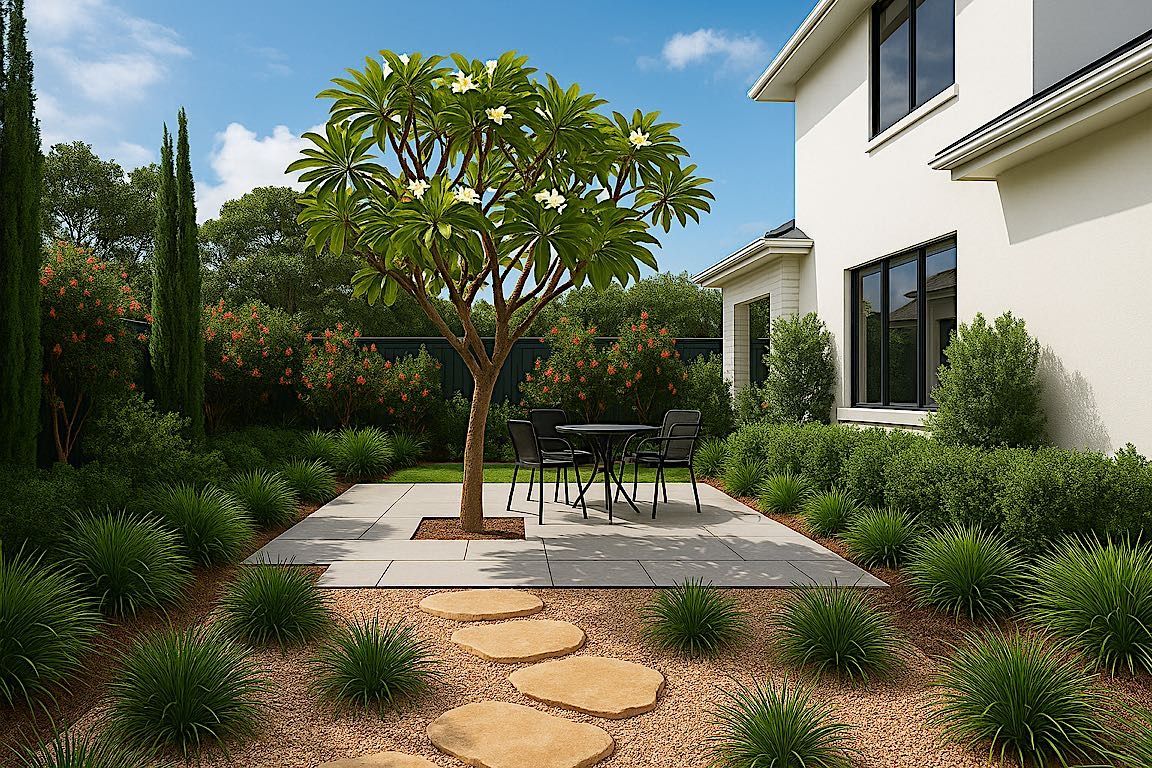 Patio with a table and chairs, surrounded by greenery, stone path leading to it, near a white house.