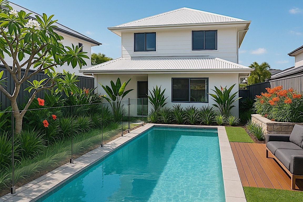 White two-story house with a narrow pool, surrounded by landscaping and a small outdoor seating area.