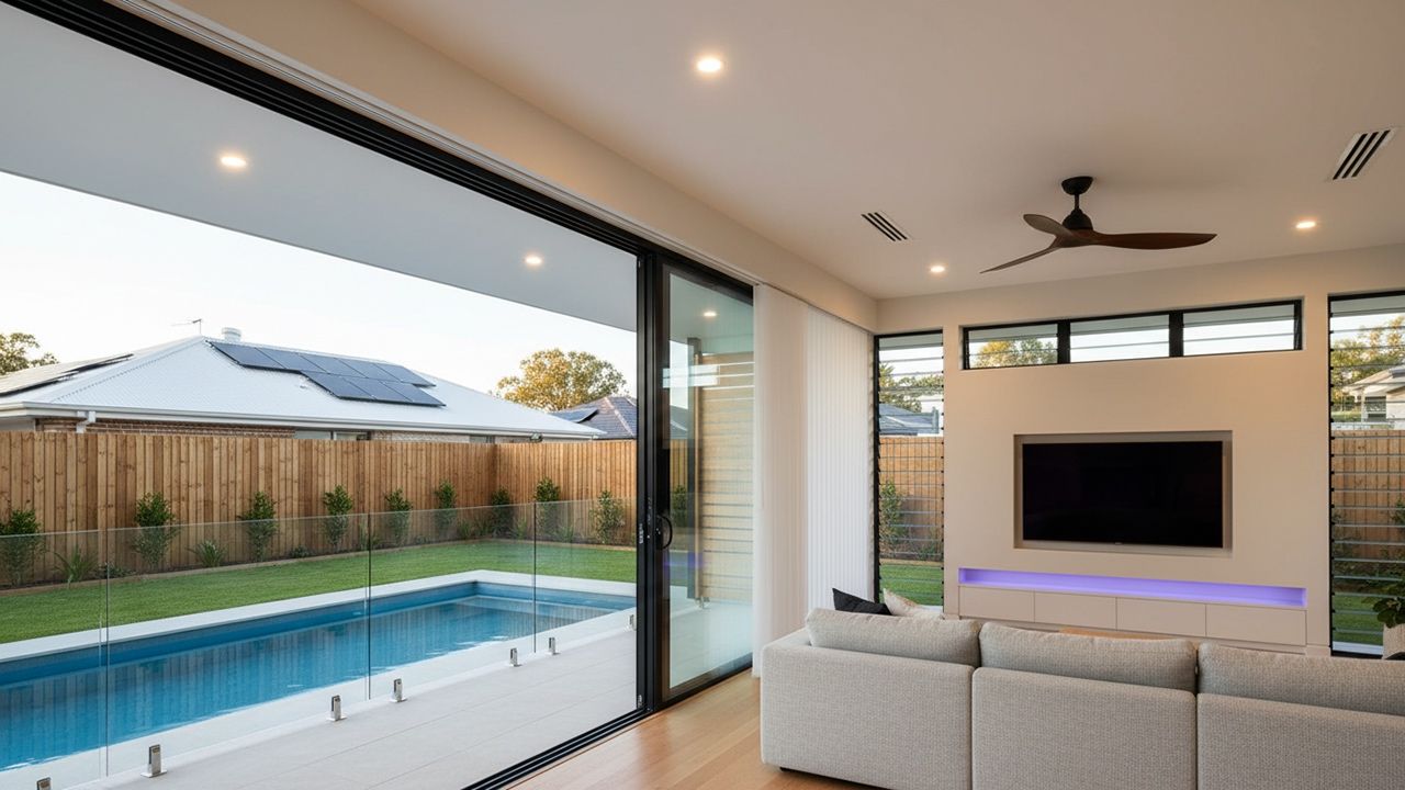 Interior living space with open sliding door to backyard pool. Neutral tones, modern design, ceiling fan.