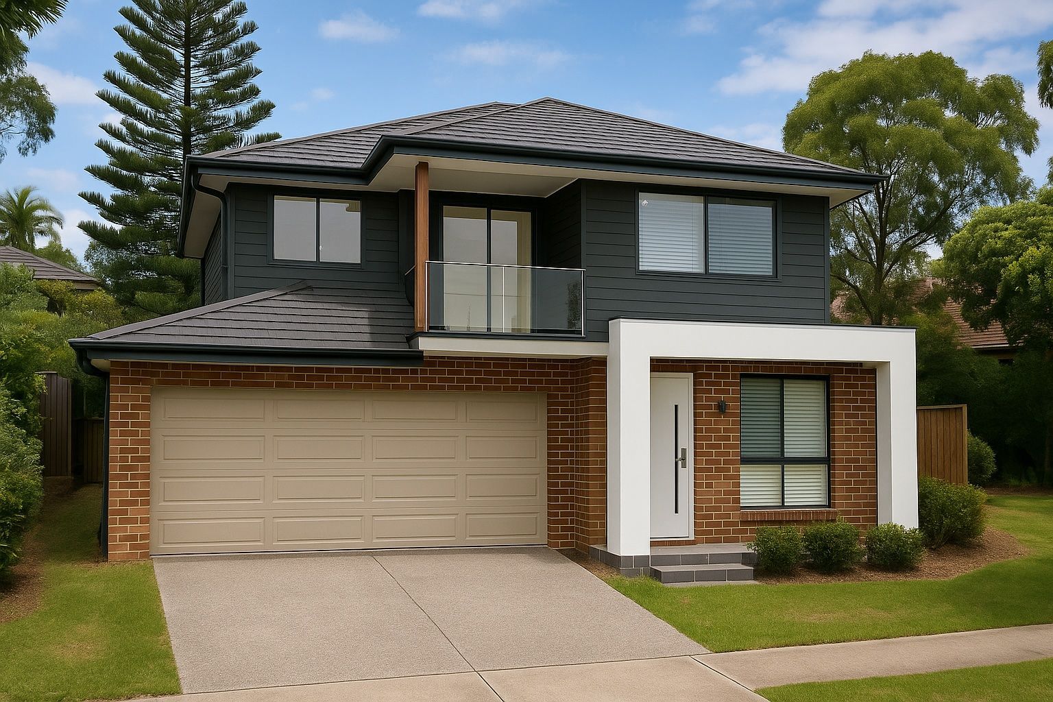 Two-story house with brick and dark grey facade, beige garage door, and a small balcony.
