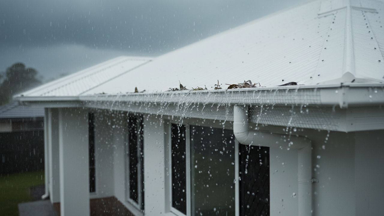 Rainwater pouring from a white roof's gutter; cloudy sky in background.