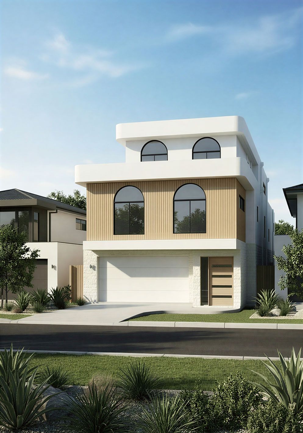Modern three-story house narrow lot with a white exterior, garage, wood paneling, and arched windows under a blue sky.