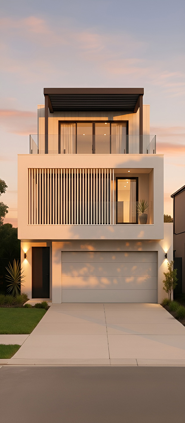 Modern two-story house with white exterior, black garage door, and wooden accents.