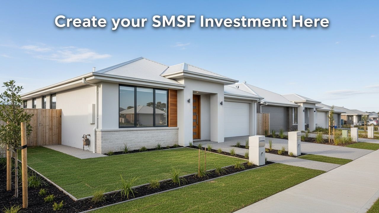 Row of modern houses with text 