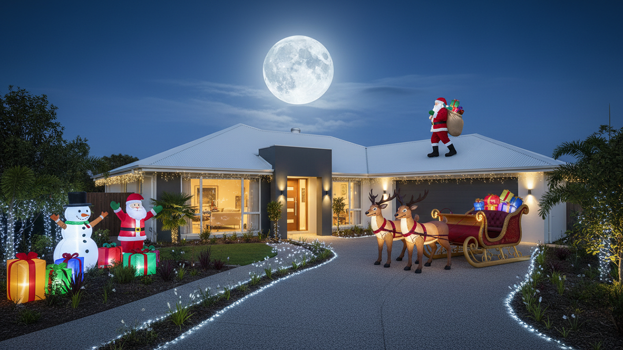 A house decorated for Christmas, with Santa on the roof and reindeer pulling a sleigh, under a full moon.