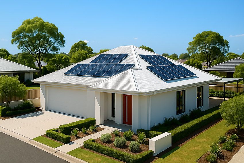 House with solar panels on roof, white exterior, red door, blue sky.