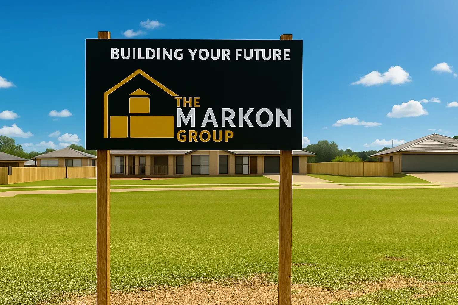 Sign for The Markon Group in front of new homes, set in grassy field under blue sky.